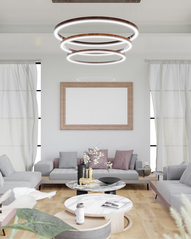 3d illustration mockup photo frame in living room rendering